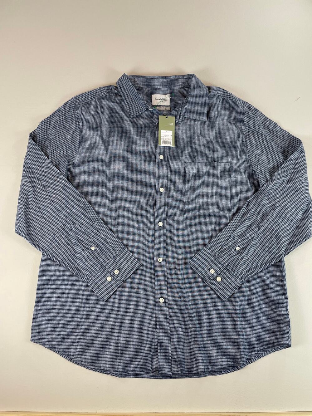 Goodfellow & Co Blue White Checkered Linen Cotton Button Down Shirt NWT Size XL